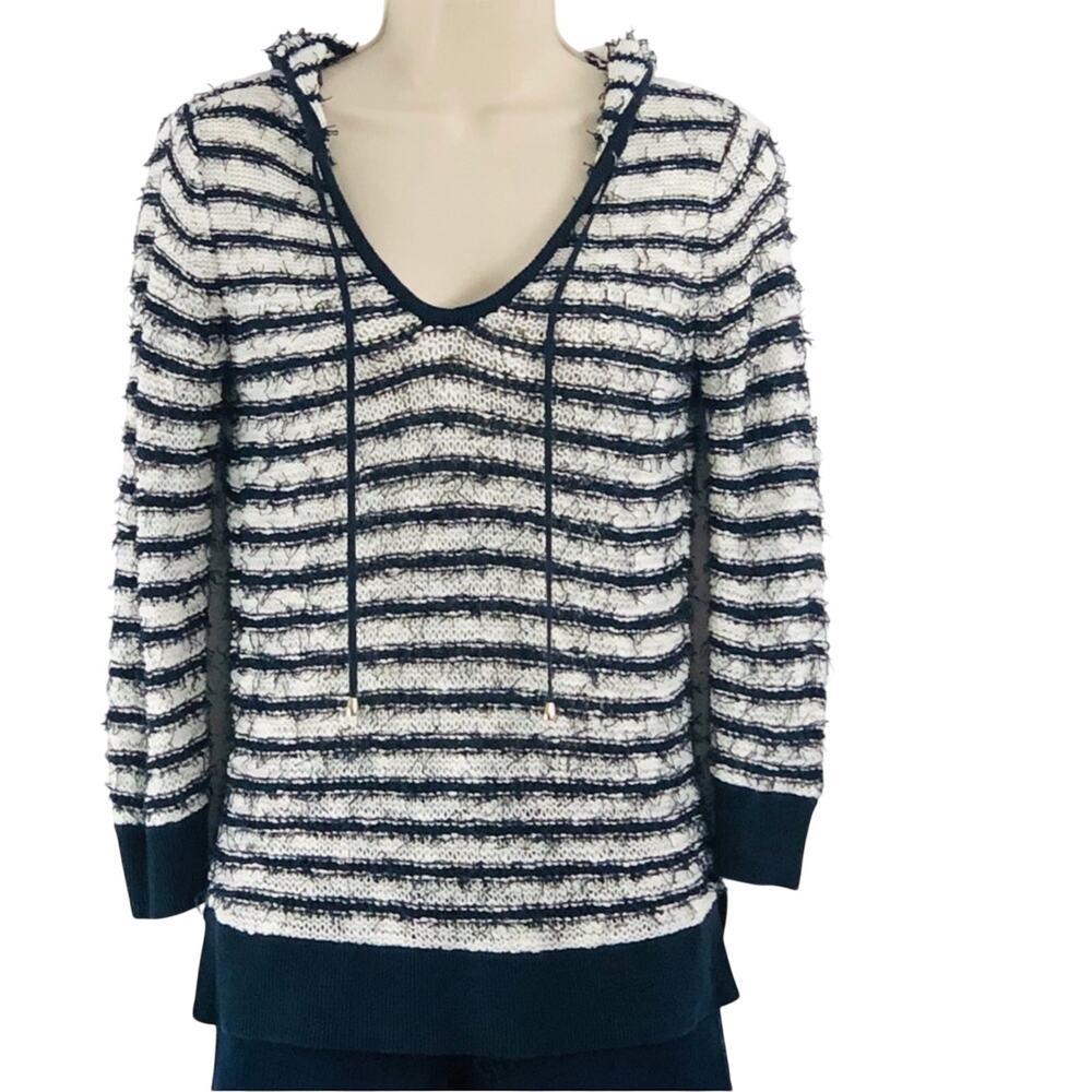 INC International Concepts Navy White Stripe Lace Top Long Sleeve Loose Weave